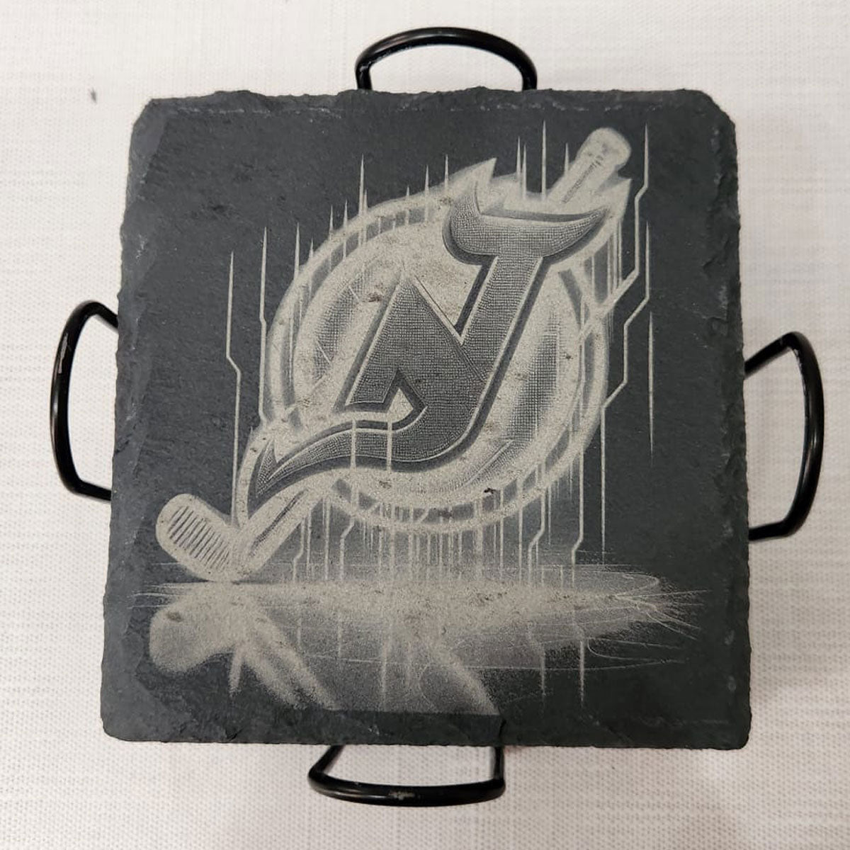Laser Engraved,NJ Devils Logo on Slate Coaster, Set/4
