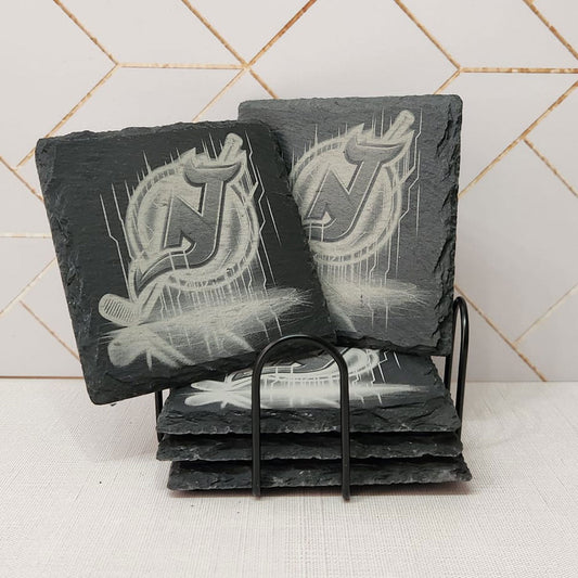 Laser Engraved,NJ Devils Logo on Slate Coaster, Set/4