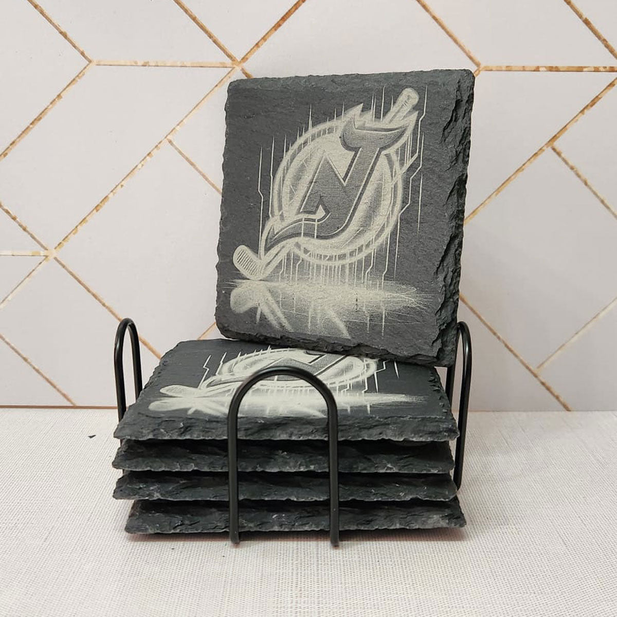 Laser Engraved,NJ Devils Logo on Slate Coaster, Set/4