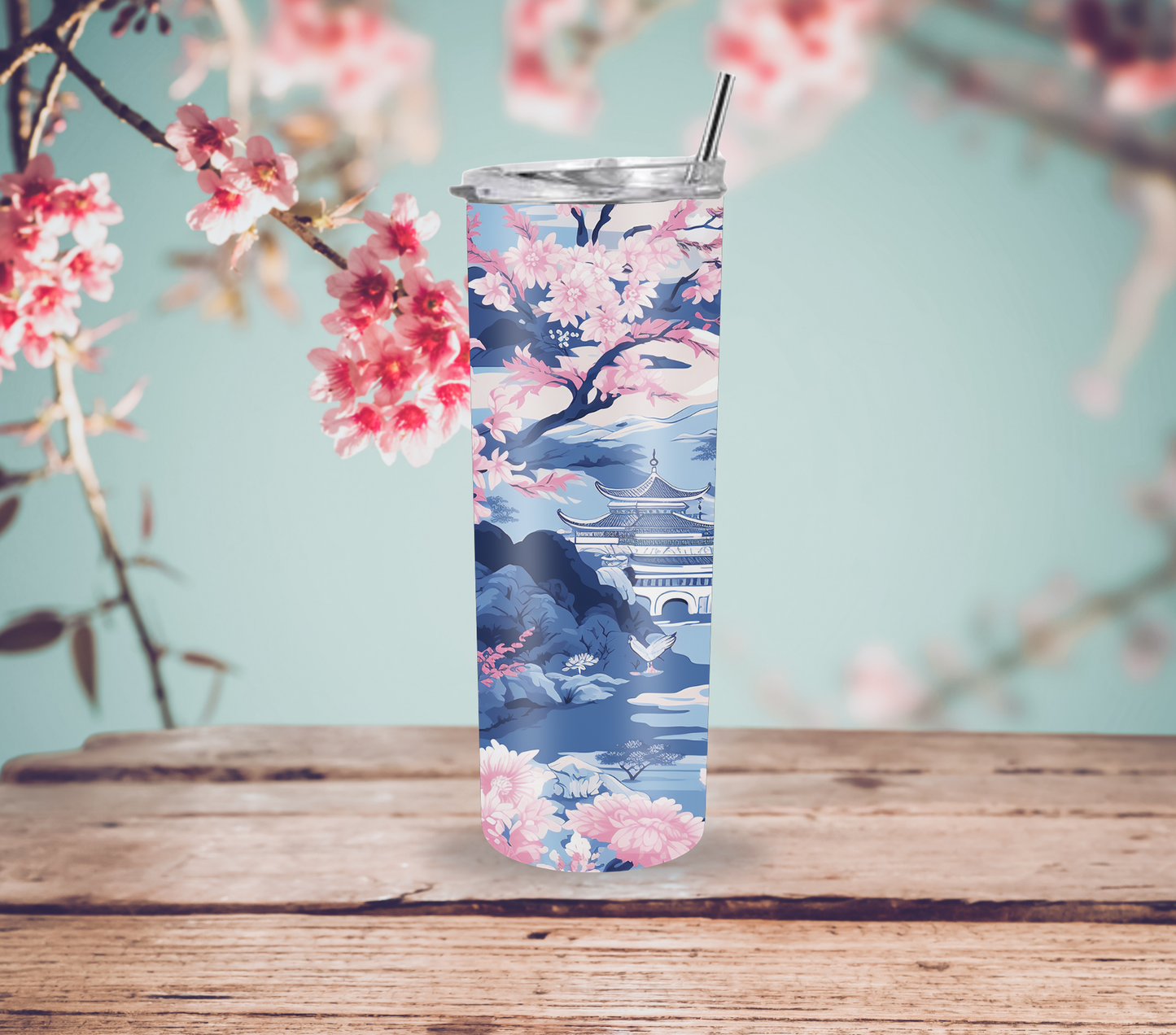 Elegant Light Blue and Pink Chinoiserie Skinny 20oz Tumbler with Straw and Lid