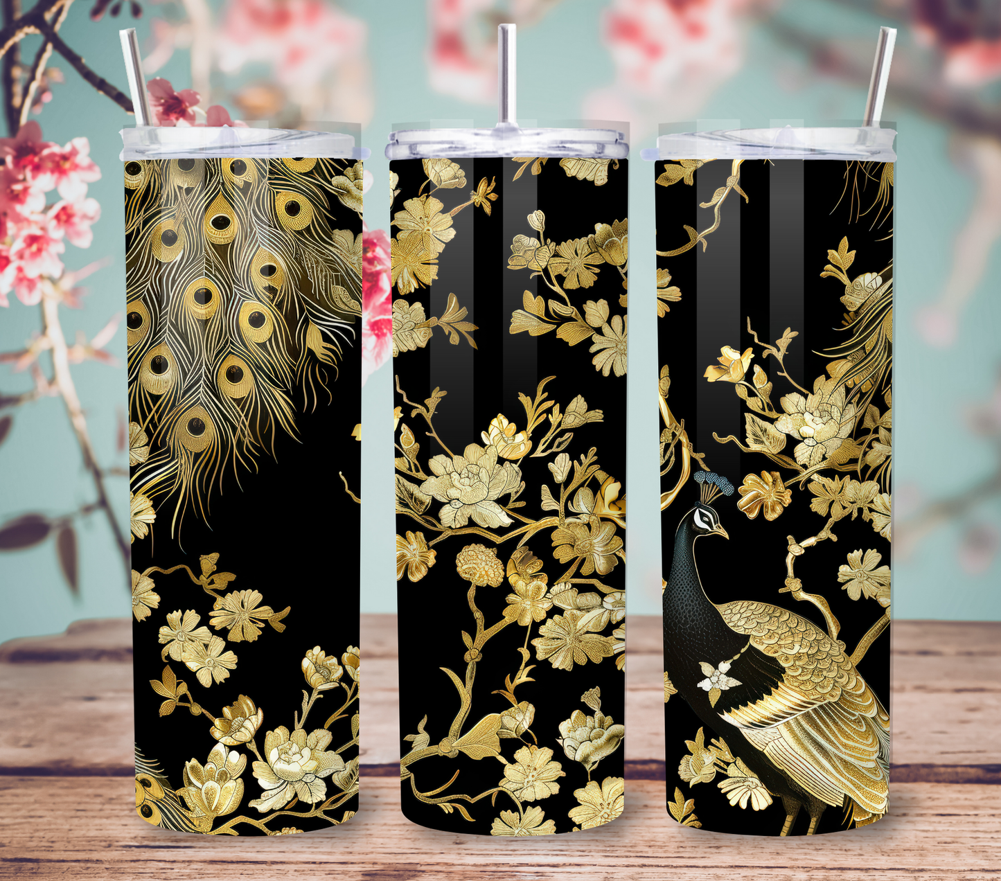 Elegant Black and Gold Crane Chinoiserie 20oz Skinny Tumbler