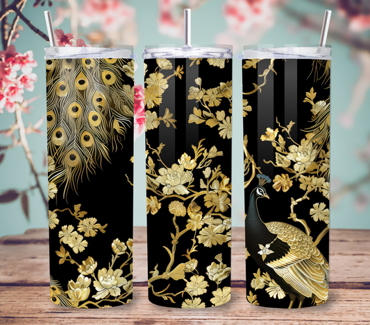 Elegant Black and Gold Crane Chinoiserie 20oz Skinny Tumbler
