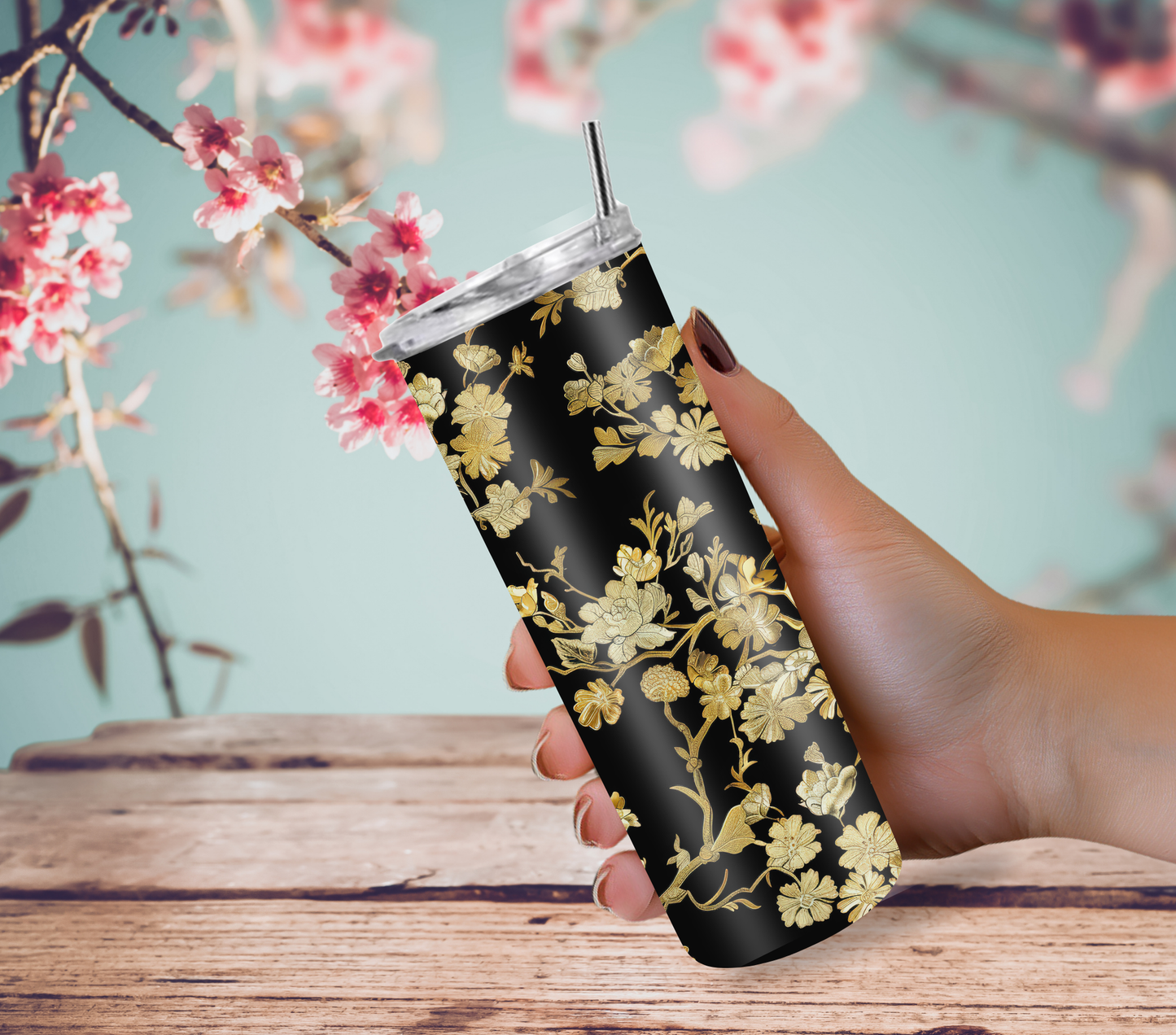 Elegant Black and Gold Crane Chinoiserie 20oz Skinny Tumbler