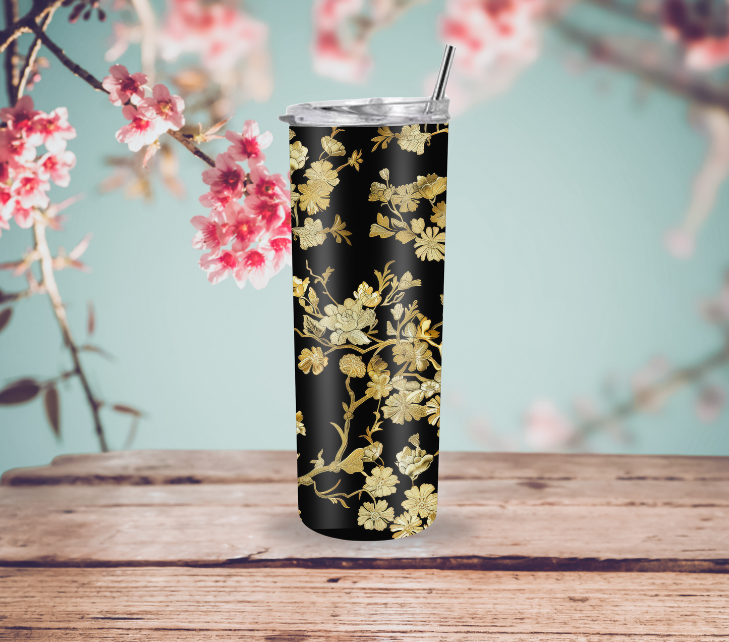 Elegant Black and Gold Crane Chinoiserie 20oz Skinny Tumbler