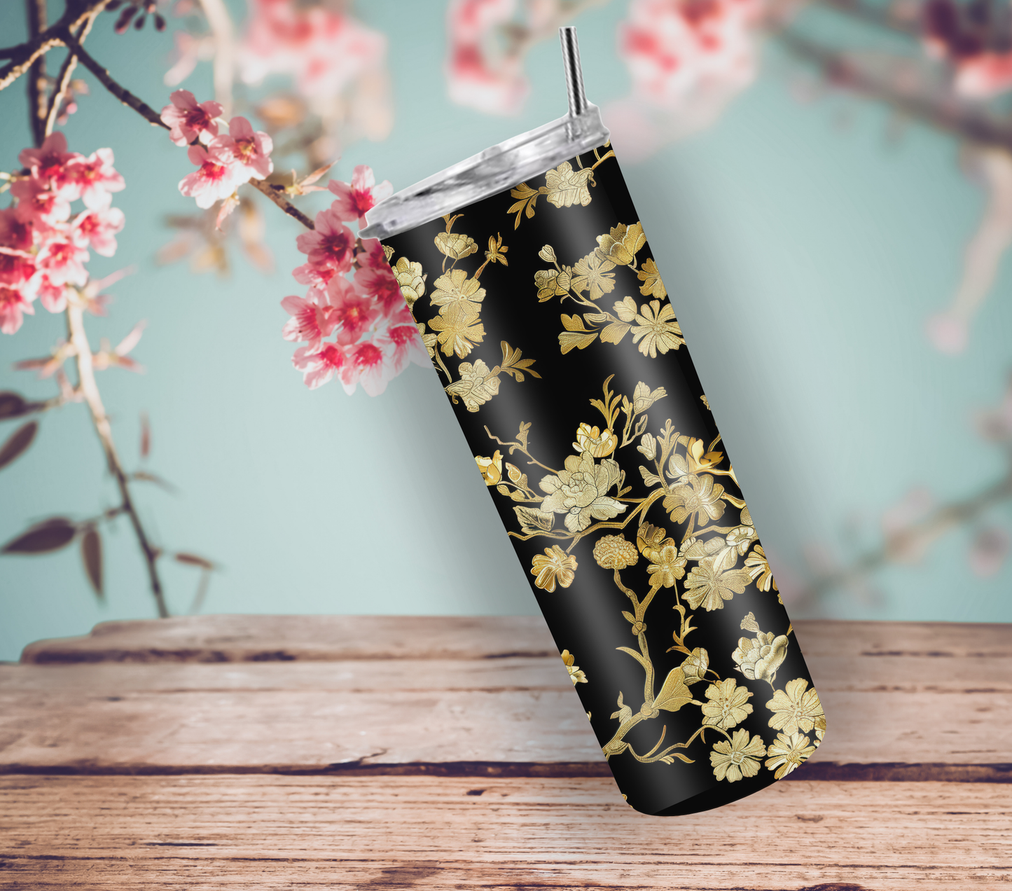 Elegant Black and Gold Crane Chinoiserie 20oz Skinny Tumbler
