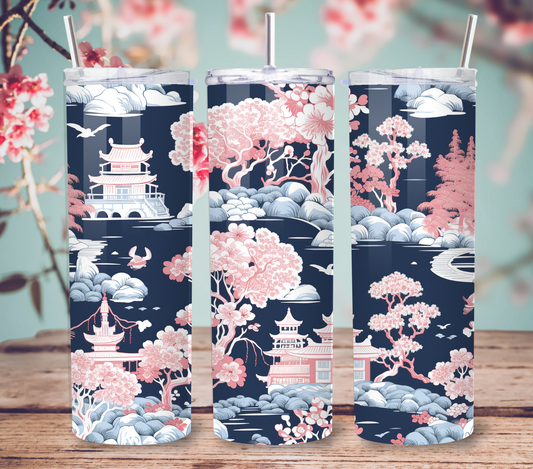 Elegant Pink and Blue Landscape Chinoiserie 20oz Skinny Tumbler with Straw and Lid