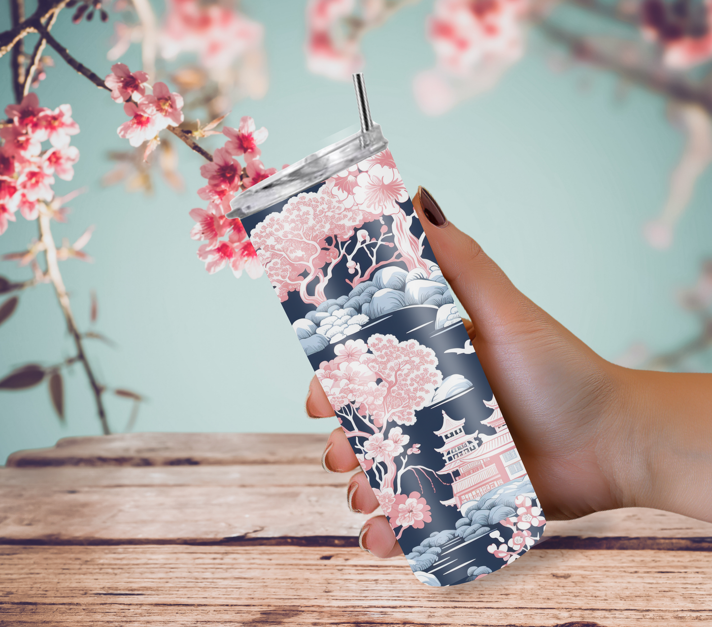 Elegant Pink and Blue Landscape Chinoiserie 20oz Skinny Tumbler with Straw and Lid