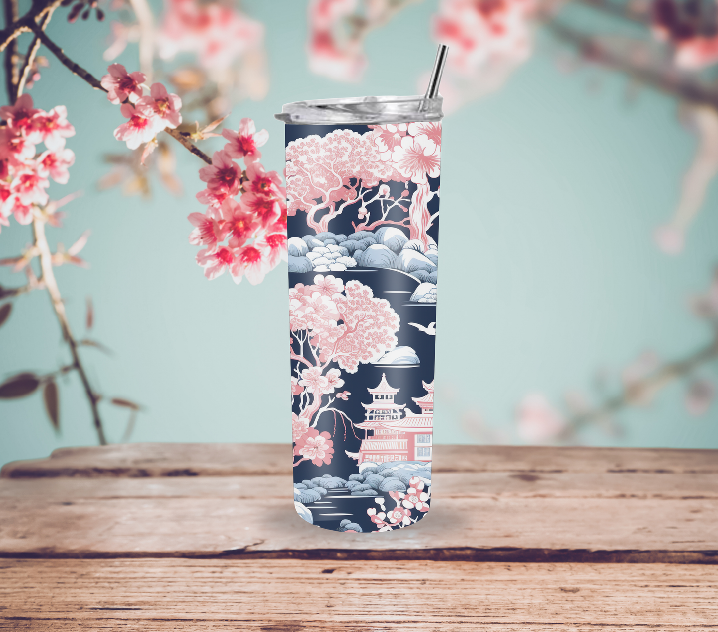 Elegant Pink and Blue Landscape Chinoiserie 20oz Skinny Tumbler with Straw and Lid
