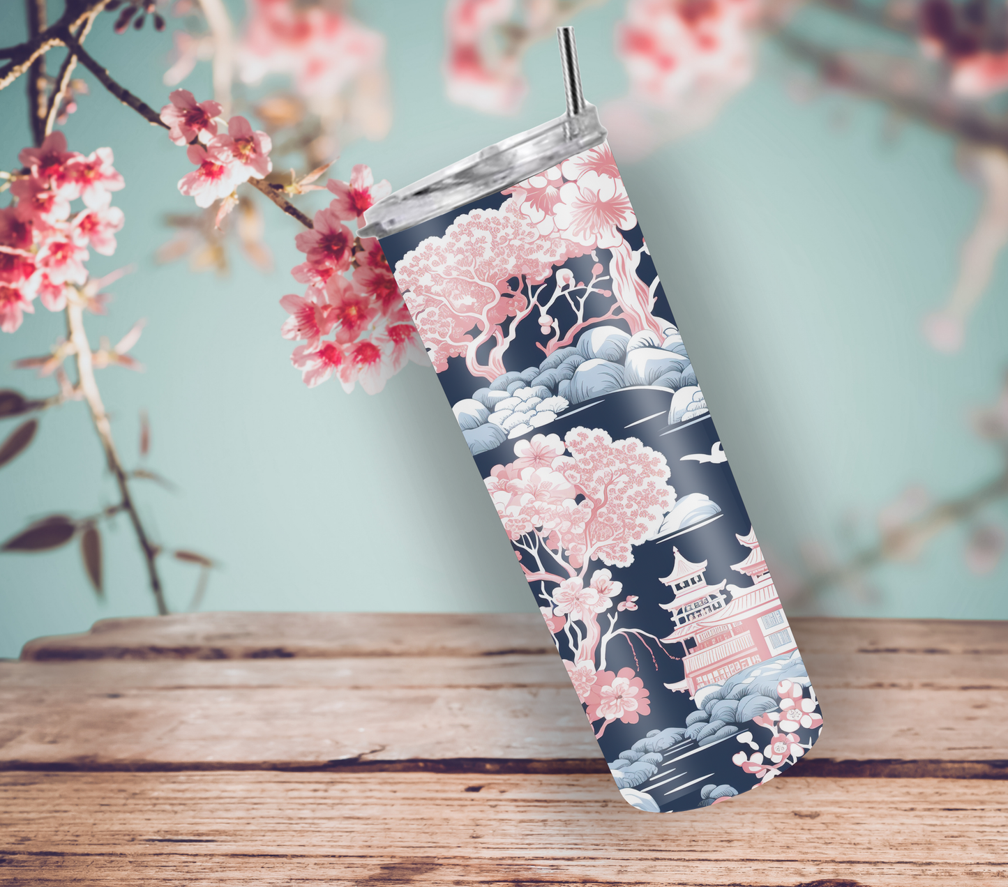 Elegant Pink and Blue Landscape Chinoiserie 20oz Skinny Tumbler with Straw and Lid
