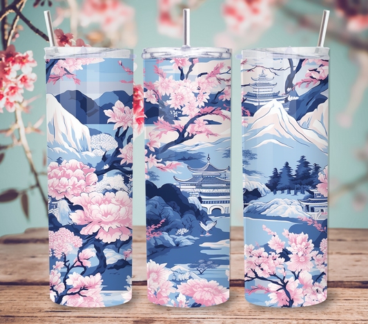 Elegant Light Blue and Pink Chinoiserie Skinny 20oz Tumbler with Straw and Lid