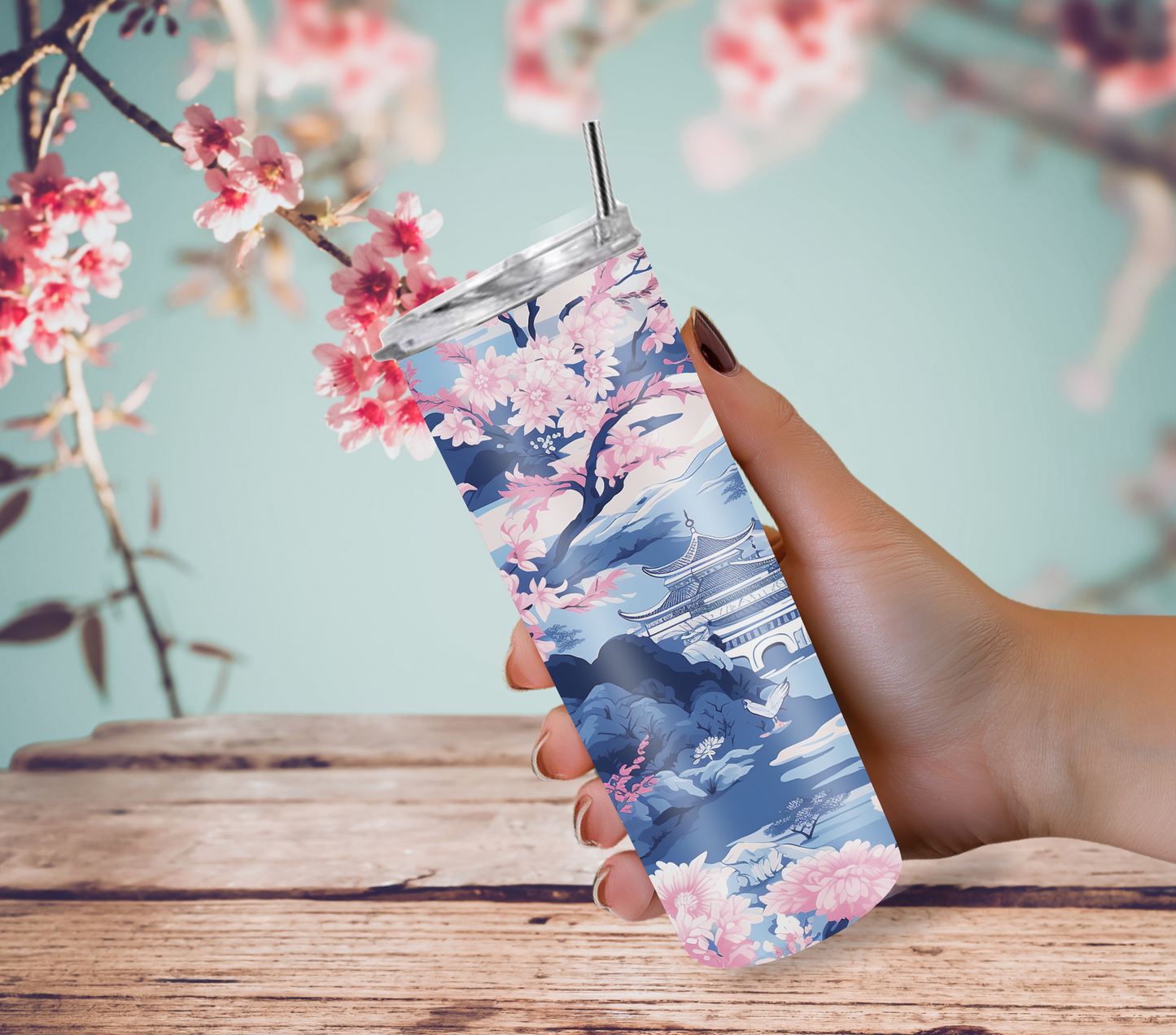 Elegant Light Blue and Pink Chinoiserie Skinny 20oz Tumbler with Straw and Lid