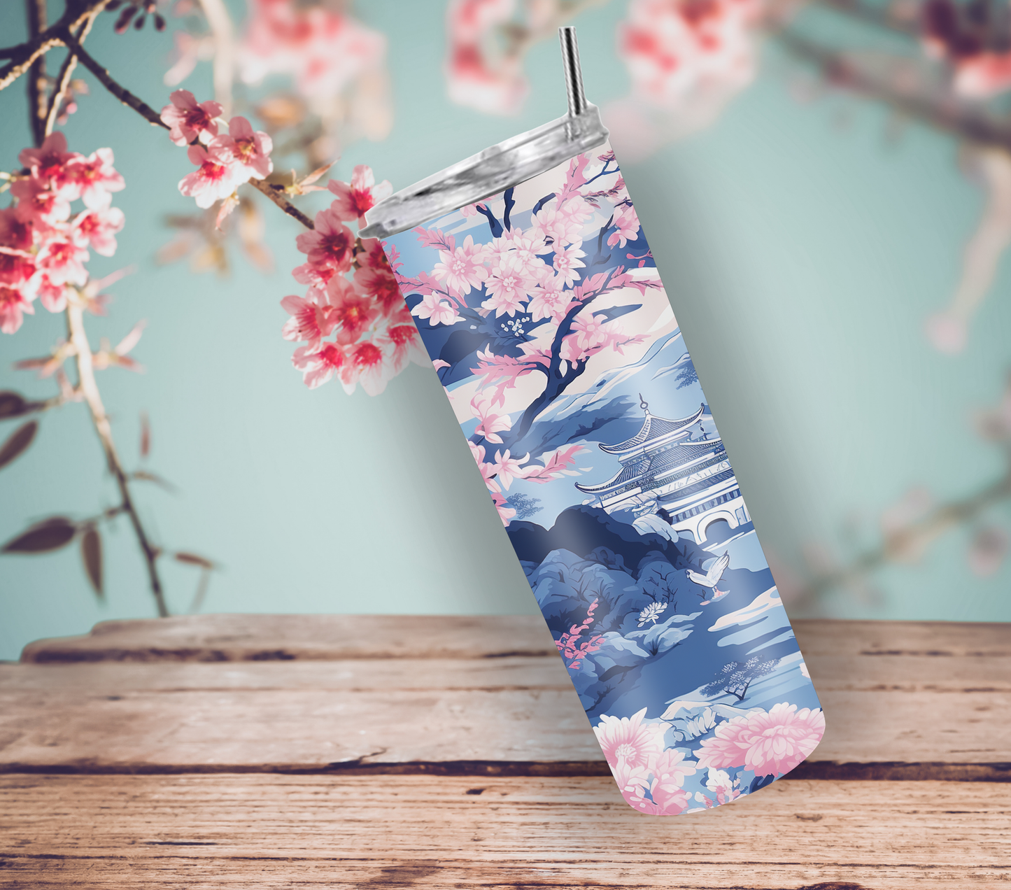 Elegant Light Blue and Pink Chinoiserie Skinny 20oz Tumbler with Straw and Lid
