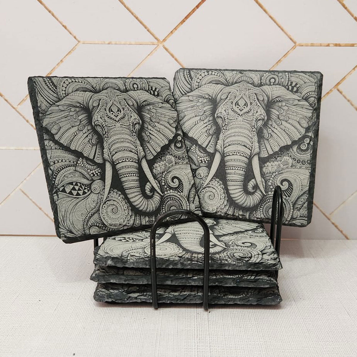 Laser Engraved, Elephant on Slate Coaster, Set/4
