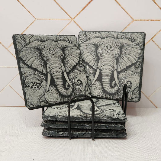 Laser Engraved, Elephant on Slate Coaster, Set/4