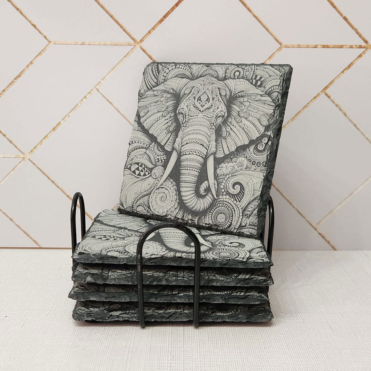 Laser Engraved, Elephant on Slate Coaster, Set/4