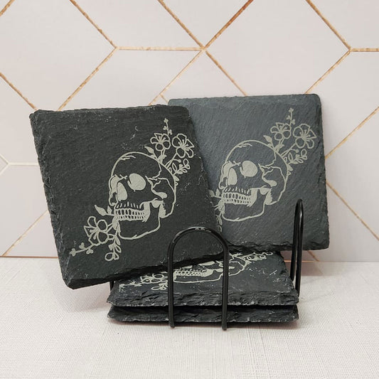 Laser Engraved, Skull + Flowers on Slate Coaster, Set/4