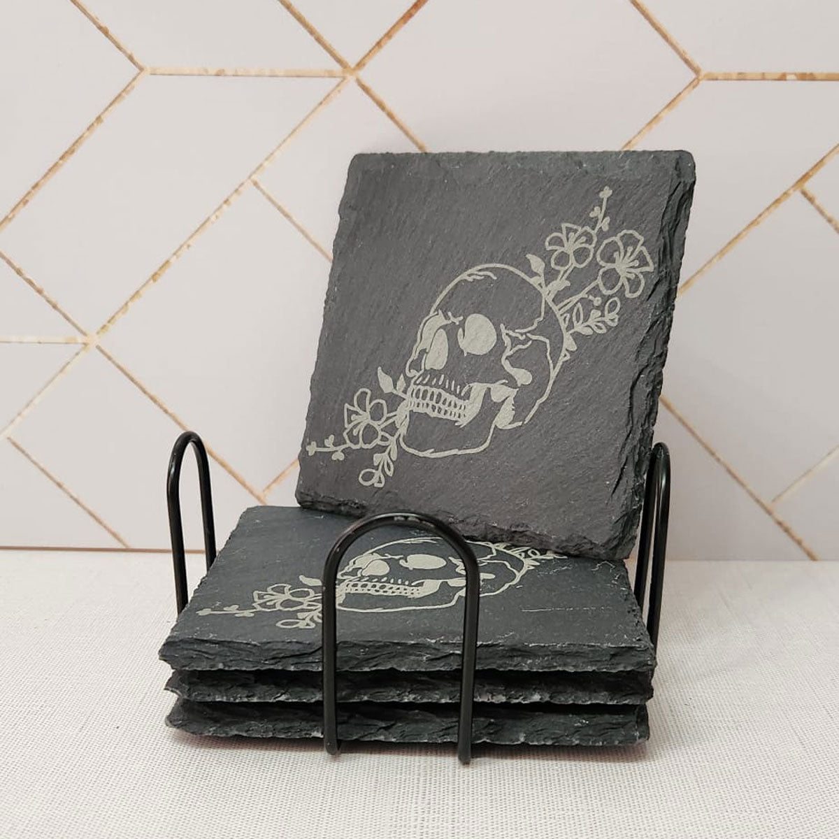 Laser Engraved, Skull + Flowers on Slate Coaster, Set/4