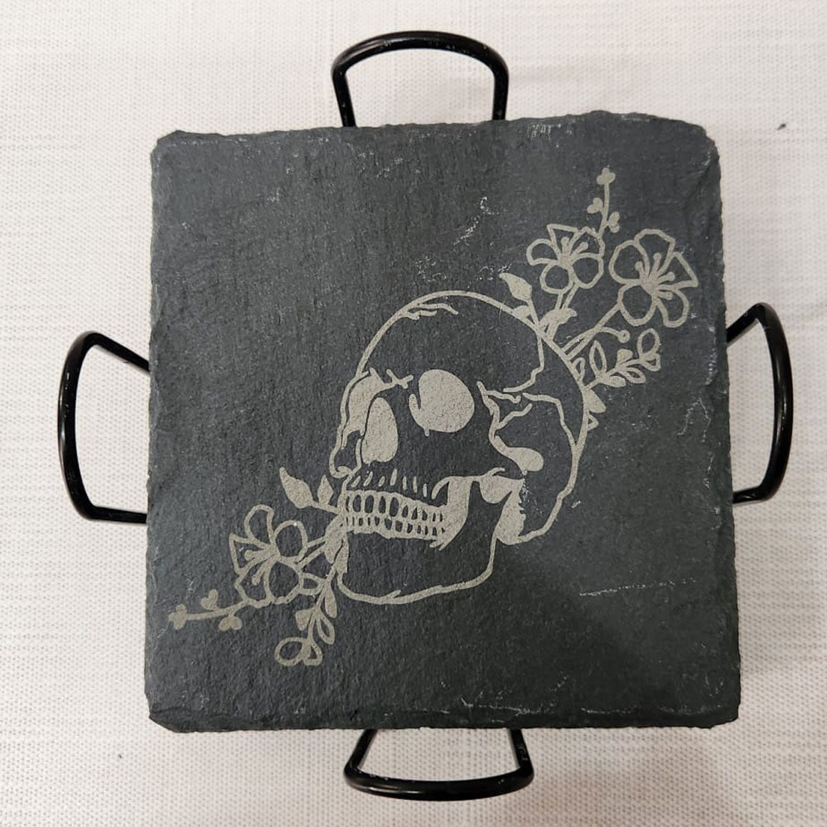 Laser Engraved, Skull + Flowers on Slate Coaster, Set/4